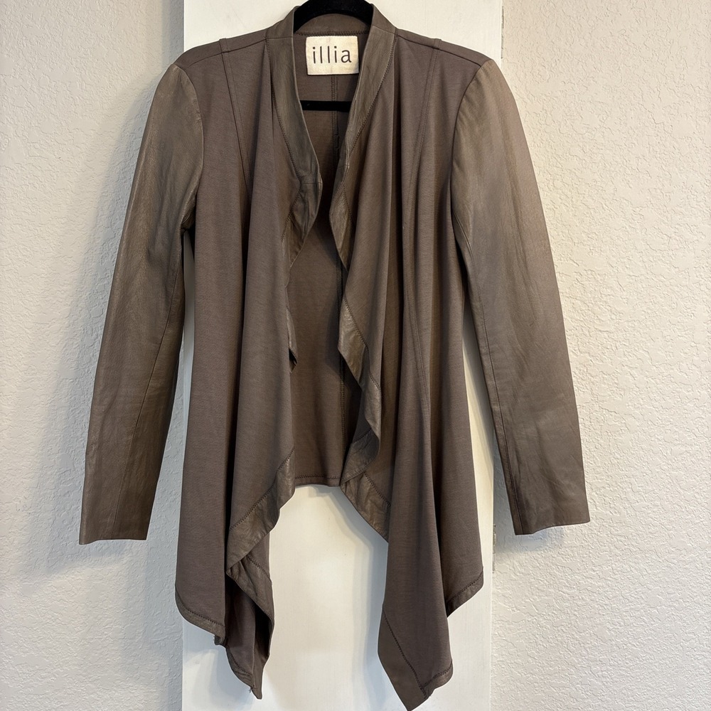 Illia Light Brown Leather & Knit Open Cardigan Jacket Sz 4 USA Boho Western - Picture 1 of 14